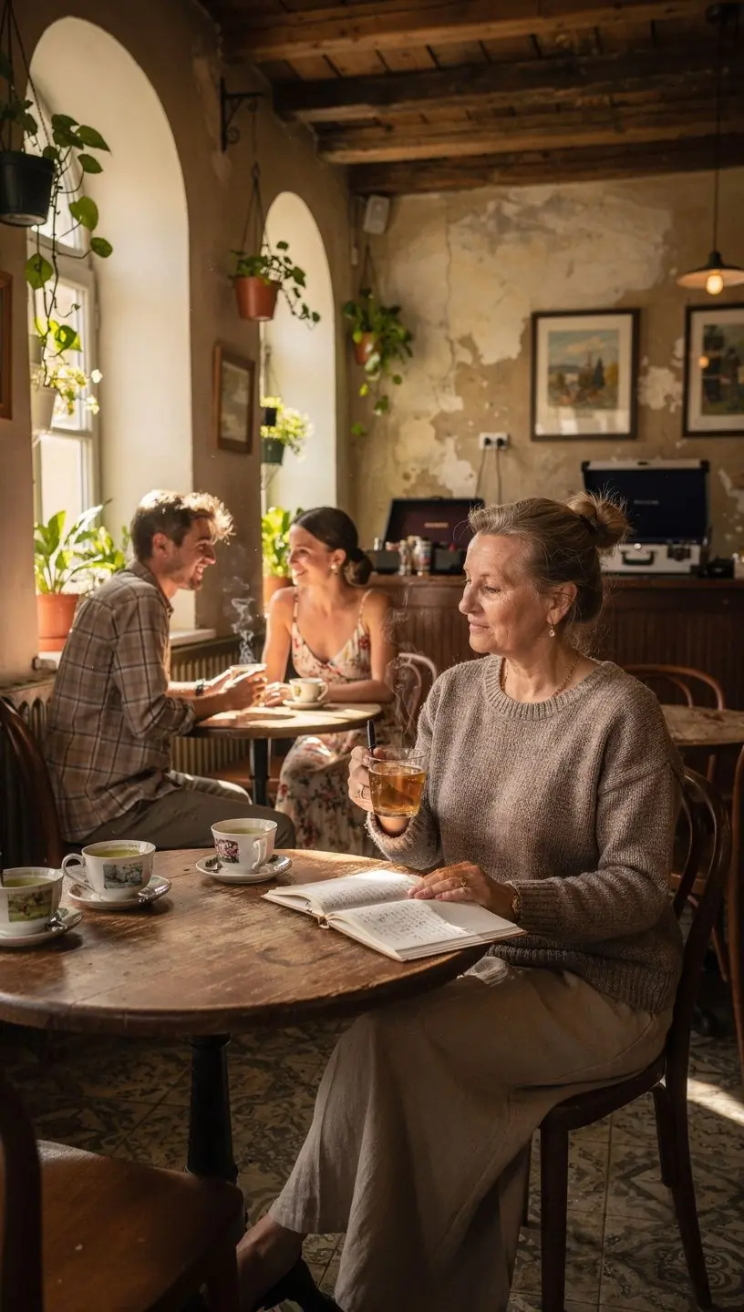 Šilta arbatos puodelio nuotrauka ant medinio stalo, šalia ramios skaitymo kampelio, simbolizuojanti atsipalaidavimą ir streso valdymą kasdienėje rutinoje.