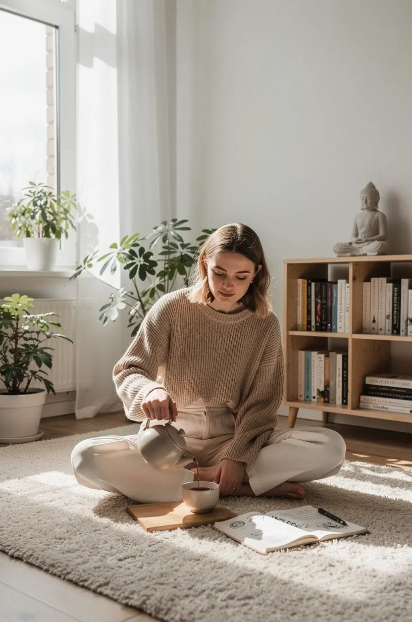 Žmogaus ranka, laikanti arbatos puodelį, fone matosi minkštas pledas ir knyga – kvietimas į ramybės pertraukėlę.